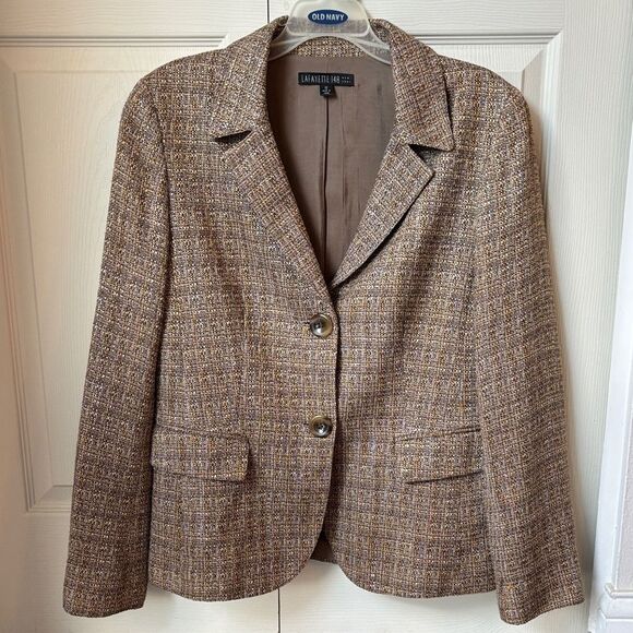 Lafayette 148 New York Gold Brown tweed 2 Button Lined Blazer Size Women 12 EUC!